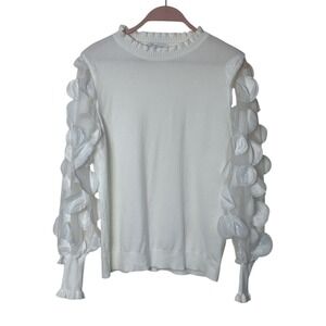Siani Milano Women's White Sheer Petal Sleeve Knit Sweater Top Size Medium Soft